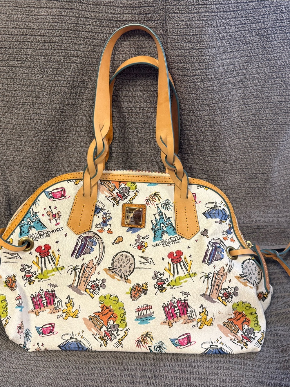 Dooney & Bourke White Canvas Disney Parks Sketch Tote with Tan Leather Trim